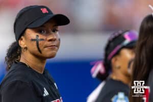 Nebraska Cornhusker utility Samantha Bland (29) waiting for the start of the game against the Arkansas Razorbacks during the WCWS first round on Thursday, May 28, 2026, in Oklahoma City. Photo by John S. Peterson.