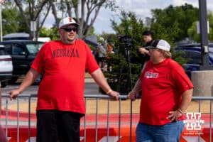 Nebraska Cornhuskers fans hanging out outside the stadium before the game against the Arkansas Razorbacks during the WCWS first round on Thursday, May 28, 2026, in Oklahoma City. Photo by John S. Peterson.