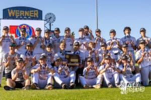 Skutt Catholic's team photo after winning a Nebraska baseball Class B state championship game against Elkhorn North on Saturday, May 23, 2026, in Omaha, Neb. Photo by Jandi Green.