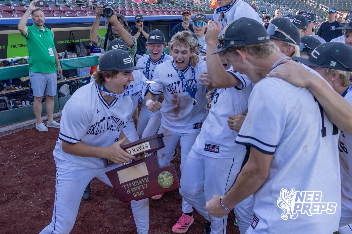 Skutt Catholic celebrating after winning a Nebraska baseball Class B state championship game against Elkhorn North on Saturday, May 23, 2026, in Omaha, Neb. Photo by Jandi Green.