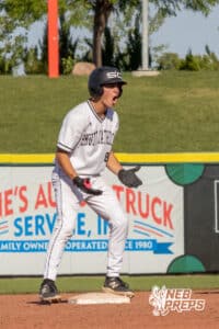 Skutt Catholic Sean Hipsher (8) on base during a Nebraska baseball Class B state championship game against Elkhorn North on Saturday, May 23, 2026, in Omaha, Neb. Photo by Jandi Green.