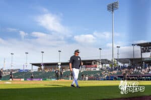 Skutt Catholic's coach Damon Day during a Nebraska baseball Class B state championship game against Elkhorn North on Saturday, May 23, 2026, in Omaha, Neb. Photo by Jandi Green.