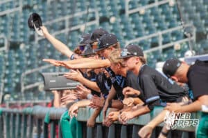 Elkhorn North’s dugout tipping their hat during a Nebraska baseball Class B state championship game against Skutt Catholic on Saturday, May 23, 2026, in Omaha, Neb. Photo by Jandi Green.