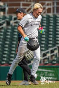 Skutt Catholic's Cooper Smith (6) running back to the dugout during a Nebraska baseball Class B state championship game against Elkhorn North on Saturday, May 23, 2026, in Omaha, Neb. Photo by Jandi Green.