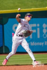 Skutt Catholic Nate Christensen (1) fielding a baseball during a Nebraska baseball Class B state championship game against Elkhorn North on Saturday, May 23, 2026, in Omaha, Neb. Photo by Jandi Green.