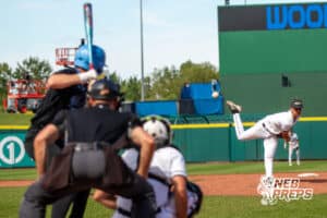 Skutt Catholic pitching during a Nebraska baseball Class B state championship game against Elkhorn North on Saturday, May 23, 2026, in Omaha, Neb. Photo by Jandi Green.