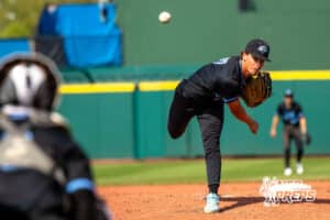 Elkhorn North’s Ian Christo (19) pitching during a Nebraska baseball Class B state championship game against Skutt Catholic on Saturday, May 23, 2026, in Omaha, Neb. Photo by Jandi Green.