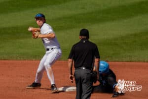 Skutt Catholic attempting a double play during a Nebraska baseball Class B state championship game against Elkhorn North on Saturday, May 23, 2026, in Omaha, Neb. Photo by Jandi Green.
