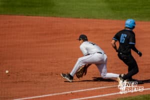 Skutt Catholic's Cole Van Dorn (18) attempting a double play during a Nebraska baseball Class B state championship game against Elkhorn North on Saturday, May 23, 2026, in Omaha, Neb. Photo by Jandi Green.