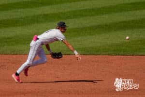 Skutt Catholic's Nate Christensen (1) fielding a baseball during a Nebraska baseball Class B state championship game against Elkhorn North on Saturday, May 23, 2026, in Omaha, Neb. Photo by Jandi Green.