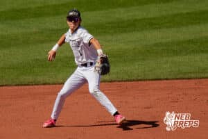 Skutt Catholic's Nate Christensen (1) fielding a baseball during a Nebraska baseball Class B state championship game against Elkhorn North on Saturday, May 23, 2026, in Omaha, Neb. Photo by Jandi Green.