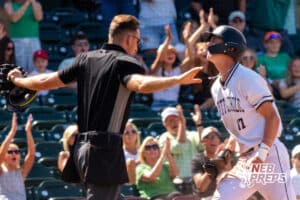 Skutt Catholic's Bubba Day (17) is called safe during a Nebraska baseball Class B state championship game against Elkhorn North on Saturday, May 23, 2026, in Omaha, Neb. Photo by Jandi Green.