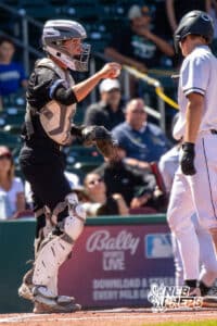 Elkhorn North’s catcher after a strikeout during a Nebraska baseball Class B state championship game against Skutt Catholic on Saturday, May 23, 2026, in Omaha, Neb. Photo by Jandi Green.