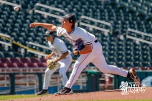 Skutt Catholic pitching during a Nebraska baseball Class B state championship game against Elkhorn North on Saturday, May 23, 2026, in Omaha, Neb. Photo by Jandi Green.