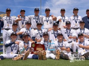 Lincoln Lutheran taking a photo with their fish after winning a Nebraska baseball Class C state championship game against Mount Michael Benedictine on Saturday, May 23, 2026, in Omaha, Neb. Photo by Jandi Green.