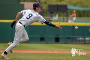 Lincoln Lutheran’s Braxton Glines (9) tossing a baseball to first base during a Nebraska baseball Class C state championship game against Mount Michael Benedictine on Saturday, May 23, 2026, in Omaha, Neb. Photo by Jandi Green.