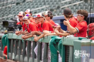 Mount Michael’s dugout during a Nebraska baseball Class C state championship game against Lincoln Lutheran on Saturday, May 23, 2026, in Omaha, Neb. Photo by Jandi Green.