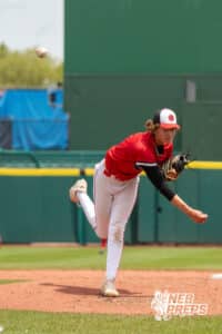 Mount Michael pitching during a Nebraska baseball Class C state championship game against Lincoln Lutheran on Saturday, May 23, 2026, in Omaha, Neb. Photo by Jandi Green.