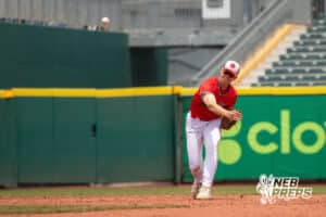 Mount Michael throwing a baseball during a Nebraska baseball Class C state championship game against Lincoln Lutheran on Saturday, May 23, 2026, in Omaha, Neb. Photo by Jandi Green.
