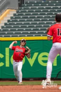 Mount Michael’s Camden Cerone (8) throwing a baseball during a Nebraska baseball Class C state championship game against Lincoln Lutheran on Saturday, May 23, 2026, in Omaha, Neb. Photo by Jandi Green.