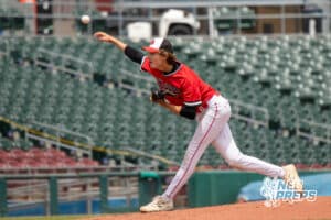 Mount Michael pitching during a Nebraska baseball Class C state championship game against Lincoln Lutheran on Saturday, May 23, 2026, in Omaha, Neb. Photo by Jandi Green.