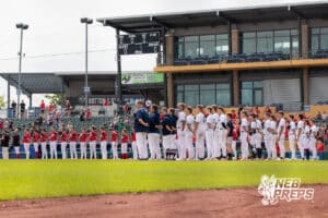 Mount Michael and Linciln Lutheran during the national anthem before a Nebraska baseball Class C state championship game on Saturday, May 23, 2026, in Omaha, Neb. Photo by Jandi Green.