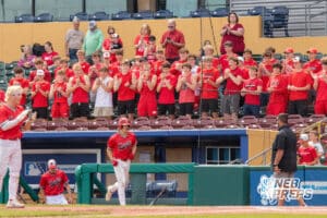 Mount Michael’s fans during starting lineups before a Nebraska baseball Class C state championship game against Lincoln Lutheran on Saturday, May 23, 2026, in Omaha, Neb. Photo by Jandi Green.