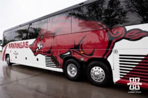 Arkansas arrives at Devon Park Stadium during the WCWS softball media day on Wednesday, May 27, 2026, in Oklahoma City. Photo by John S. Peterson.