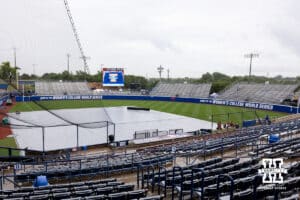 The infield is tarpped because of the rain during the WCWS softball media day on Wednesday, May 27, 2026, in Oklahoma City. Photo by John S. Peterson.