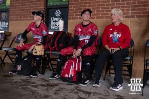 Nebraska Cornhusker head coach Rhonda Revelle and Jordyn Frahm (98) sit down together as they wait for interviews during the WCWS softball media day on Wednesday, May 27, 2026, in Oklahoma City. Photo by John S. Peterson.