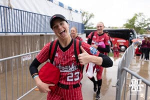 Nebraska Cornhusker outfielder Hannah Coor (23) arrives at Devon Park Stadium during the WCWS softball media day on Wednesday, May 27, 2026, in Oklahoma City. Photo by John S. Peterson.