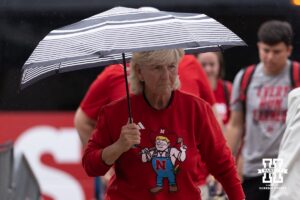 Nebraska Cornhusker head coach Rhonda Revelle arrives the WCWS softball media day on Wednesday, May 27, 2026, in Oklahoma City. Photo by John S. Peterson.