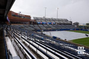 Devon Park tarpped up for the rain during the WCWS softball media day on Wednesday, May 27, 2026, in Oklahoma City. Photo by John S. Peterson.