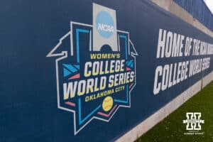 Women's College World Series banner during the WCWS softball media day on Wednesday, May 27, 2026, in Oklahoma City. Photo by John S. Peterson.