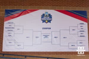 WCWS bracket hangs on wall in Devon Park Stadium during the WCWS softball media day on Wednesday, May 27, 2026, in Oklahoma City. Photo by John S. Peterson.
