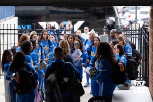 UCLA arrives at Devon Park Stadium during the WCWS softball media day on Wednesday, May 27, 2026, in Oklahoma City. Photo by John S. Peterson.
