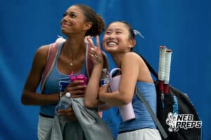 Lincoln East teammates Kyler Garcia and Pearl Stempson pose for a picture after winning the state title game during a state tennis tournament, Friday, May. 22, 2026, Lincoln, Nebraska. Photo by Braden Cochran.