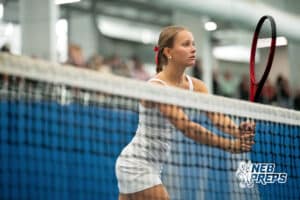 An Omaha Westside doubles player waits for the next serve during a state tennis tournament, Friday, May. 22, 2026, Lincoln, Nebraska. Photo by Braden Cochran.