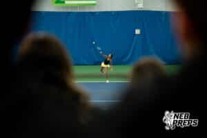 Lincoln Southeast Knight Annika Srivastav serves the ball to an opponent during a state tennis tournament, Friday, May. 22, 2026, Lincoln, Nebraska. Photo by Braden Cochran.