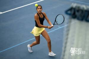 Lincoln Southeast Knight Annika Srivastav returns a shot from her opponent during a state tennis tournament, Friday, May. 22, 2026, Lincoln, Nebraska. Photo by Braden Cochran.