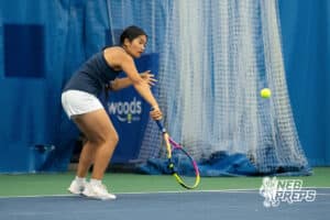 Elkhorn South player Natalie Liu receives the serve from her opponent during a state tennis tournament, Friday, May. 22, 2026, Lincoln, Nebraska. Photo by Braden Cochran.