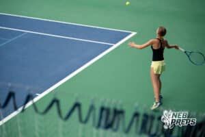 Lincoln Southeast Knight Circe Tallman returns a hit from her opponent in a singles match during a state tennis tournament, Friday, May. 22, 2026, Lincoln, Nebraska. Photo by Braden Cochran.