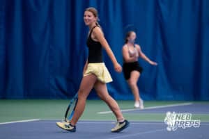 Lincoln Southeast competitor Annika Srivastav celebrates a hard-fought point during a state tennis tournament, Friday, May. 22, 2026, Lincoln, Nebraska. Photo by Braden Cochran.