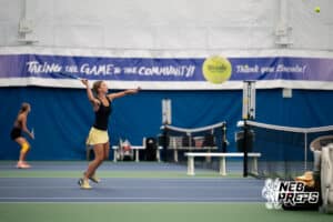 A Lincoln Southeast tennis player returns the ball after is crossed over the net during a state tennis tournament, Friday, May. 22, 2026, Lincoln, Nebraska. Photo by Braden Cochran.