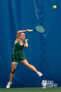Lincoln Southwest Silverhawk Kate Felt returns a serve to her opponent during a state tennis tournament, Friday, May. 22, 2026, Lincoln, Nebraska. Photo by Braden Cochran.