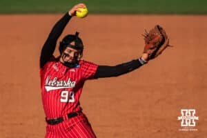 Nebraska Cornhusker Jordy Frahm (98) during the last pitch of the game during the NCAA Softball Super Regionals at Rhonda Revelle Field at Bowlin Stadium on Saturday, May 23, 2026 in Lincoln, Neb. Photo by Collin Stilen.