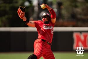 Nebraska Cornhusker Alexis Jensen (99) pitching during the NCAA Softball Super Regionals at Rhonda Revelle Field at Bowlin Stadium on Saturday, May 23, 2026 in Lincoln, Neb. Photo by Collin Stilen.