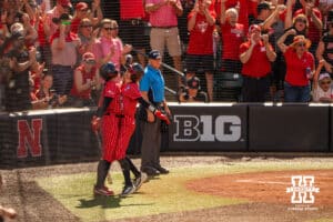 Nebraska Cornhusker Hannah Coor (23) celebrates with Ava Kuszak (7) during the NCAA Softball Super Regionals at Rhonda Revelle Field at Bowlin Stadium on Saturday, May 23, 2026 in Lincoln, Neb. Photo by Collin Stilen.