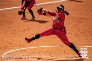 Nebraska Cornhusker Alexis Jensen (99) pitching at the mound during the NCAA Softball Super Regionals at Rhonda Revelle Field at Bowlin Stadium on Saturday, May 23, 2026 in Lincoln, Neb. Photo by Collin Stilen.