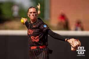 Oklahoma State Cowgirl Ruby Meylan (66) winding up for her pitch during the NCAA Softball Super Regionals at Rhonda Revelle Field at Bowlin Stadium on Saturday, May 23, 2026 in Lincoln, Neb. Photo by Collin Stilen.